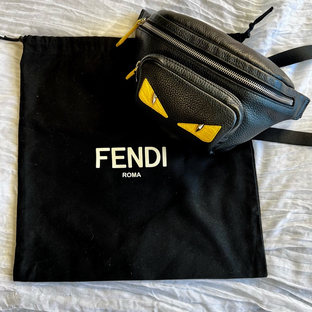 Fendi Men's Black Monster Motif Belt Bag with Yellow Accents